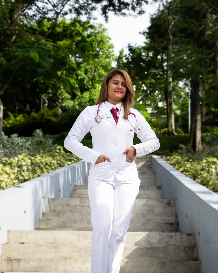 A nurse in a white coat with a stethoscope.